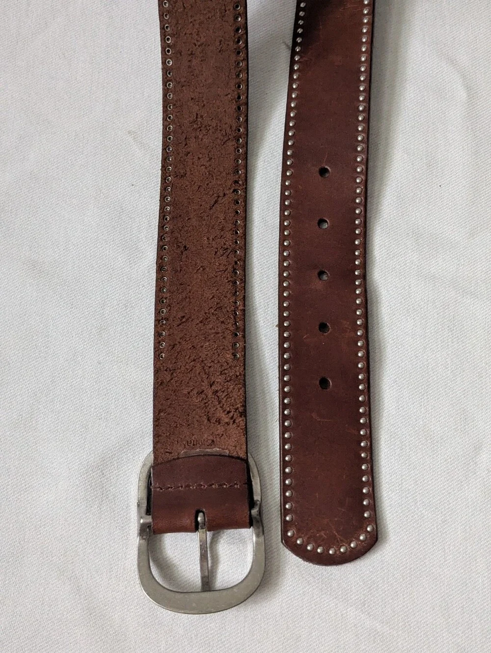 Calvin Klein Jeans Brown Genuine Leather Studded Wide Belt Curved Silver Buckle